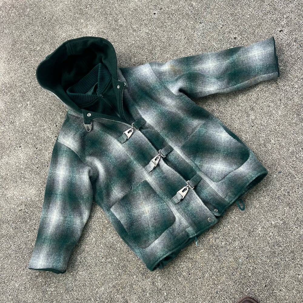 70s Bebe Furrina Green White Plaid Frog Toggle Coat Jacket Hooded Made in USA
